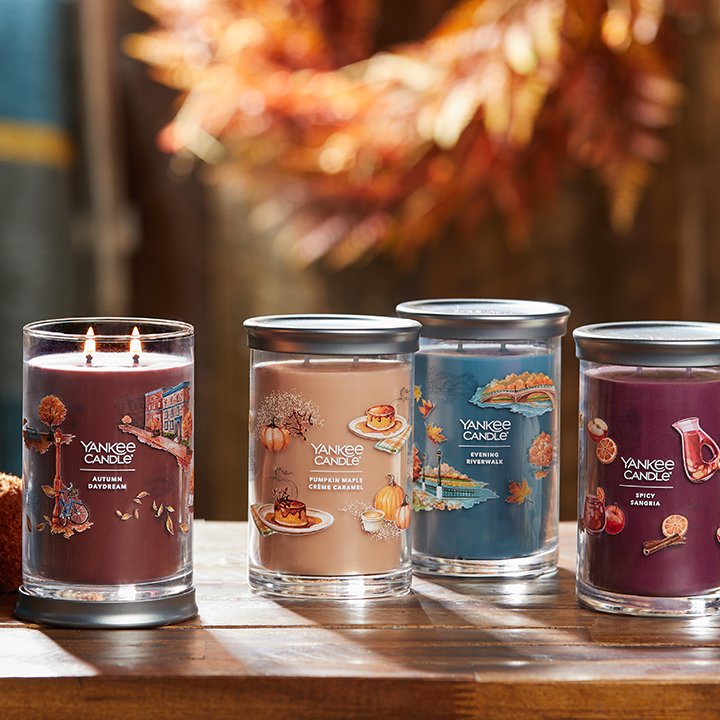 new autumn candles in signature large tumbler candles with orange wreath in background