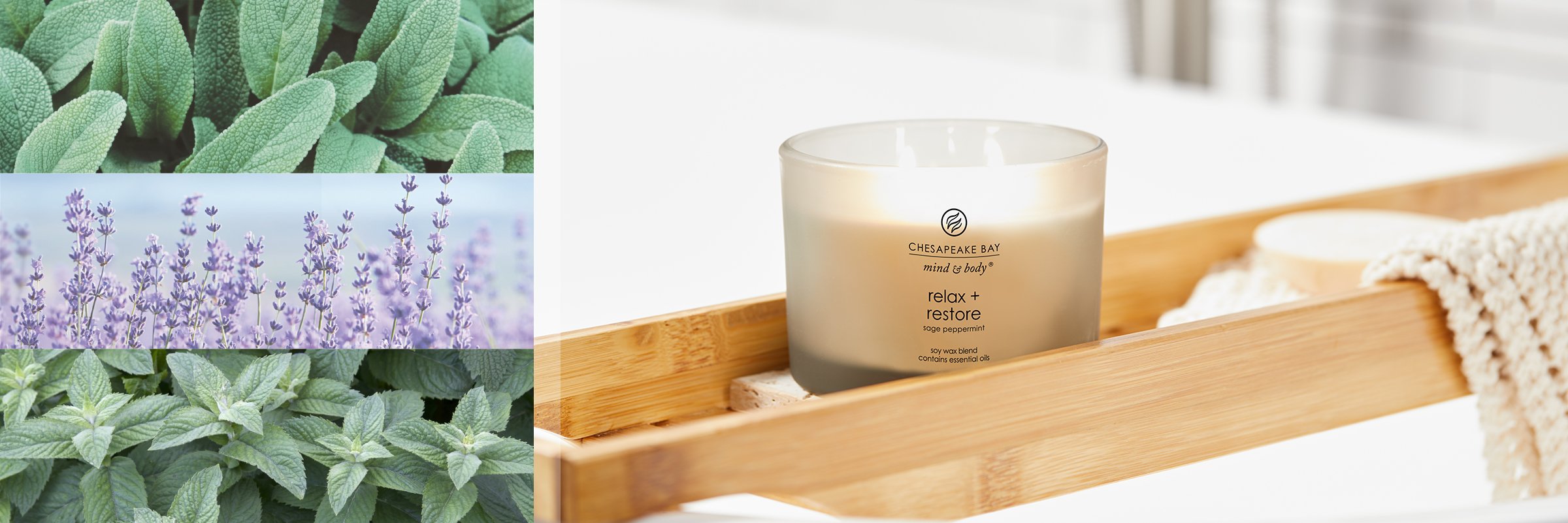 chesapeake bay candle relax and restore candle on bath shelf with fragrance ingredients