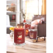 apple pumpkin and autumn wreath and spiced pumpkin large 2 wick tumbler and pillar and regular tumbler candle on table image number 3