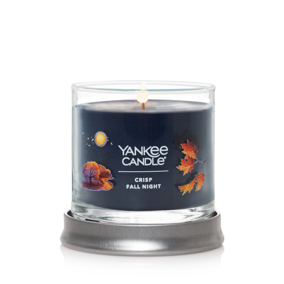 burning crisp fall night signature small tumbler candle on lid as tray