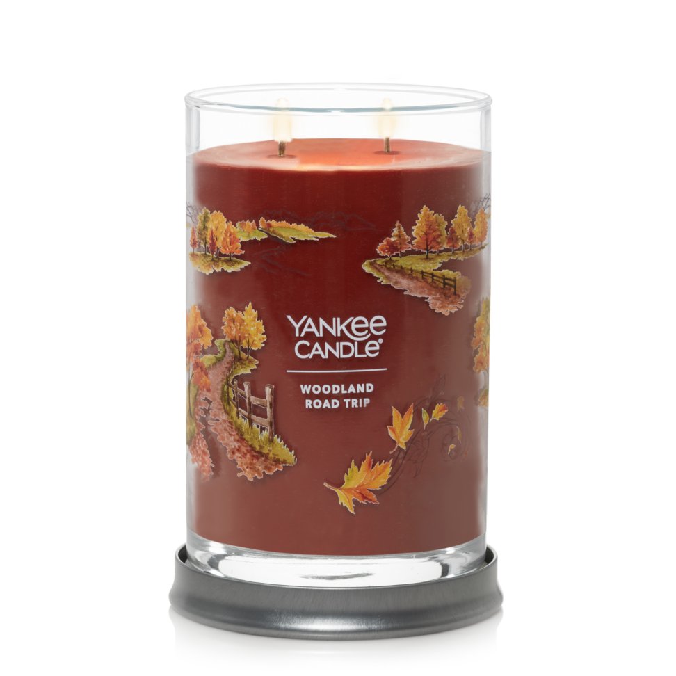 signature woodland road trip large tumbler candle lit with lid as coaster