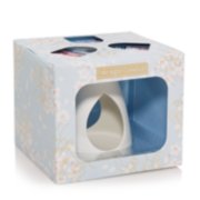 wax melt warmer in packaging with glass cup for unscented tea light candle and three wax melt singles in top of packaging image number 2