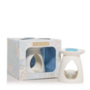 wax melt warmer holding majestic mount fuji wax melt with glass cup holding unscented tea light candle, and packaging image number 2