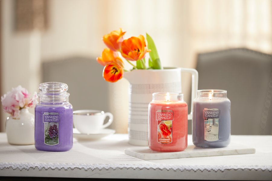 strawberry lemon ice  lilac blossoms a calm and quiet place large jar candles on table