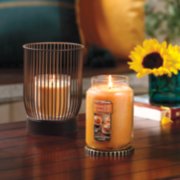 pumpkin apple parfait large jar candle with tray and jar holder on table image number 2