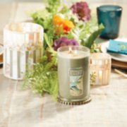 sage and citrus large 2 wick tumbler candle on tray and jar holder and tea light holder on table image number 3