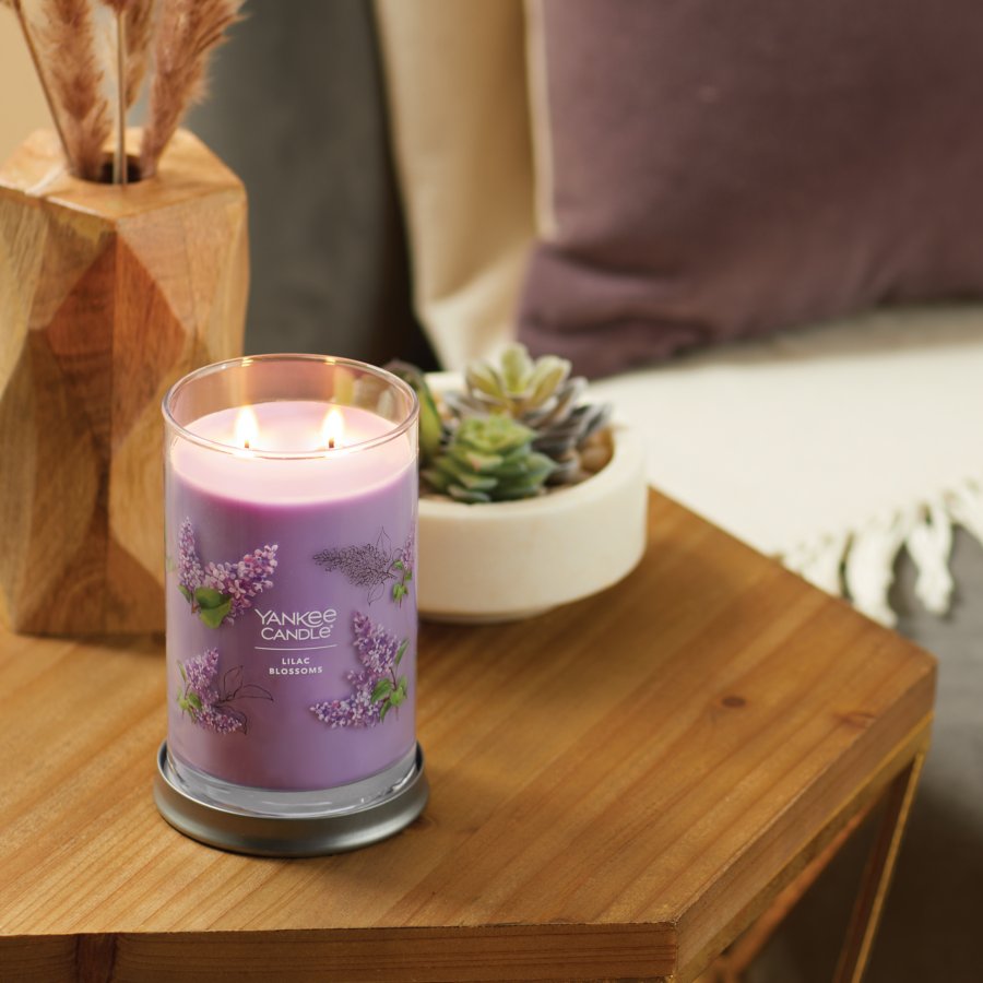 lilac blossoms signature large tumbler candle on table