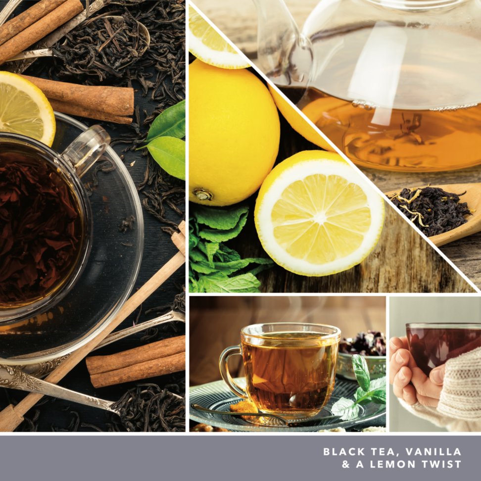 black tea, vanilla and a lemon twist text on photo collage with hands holding mug