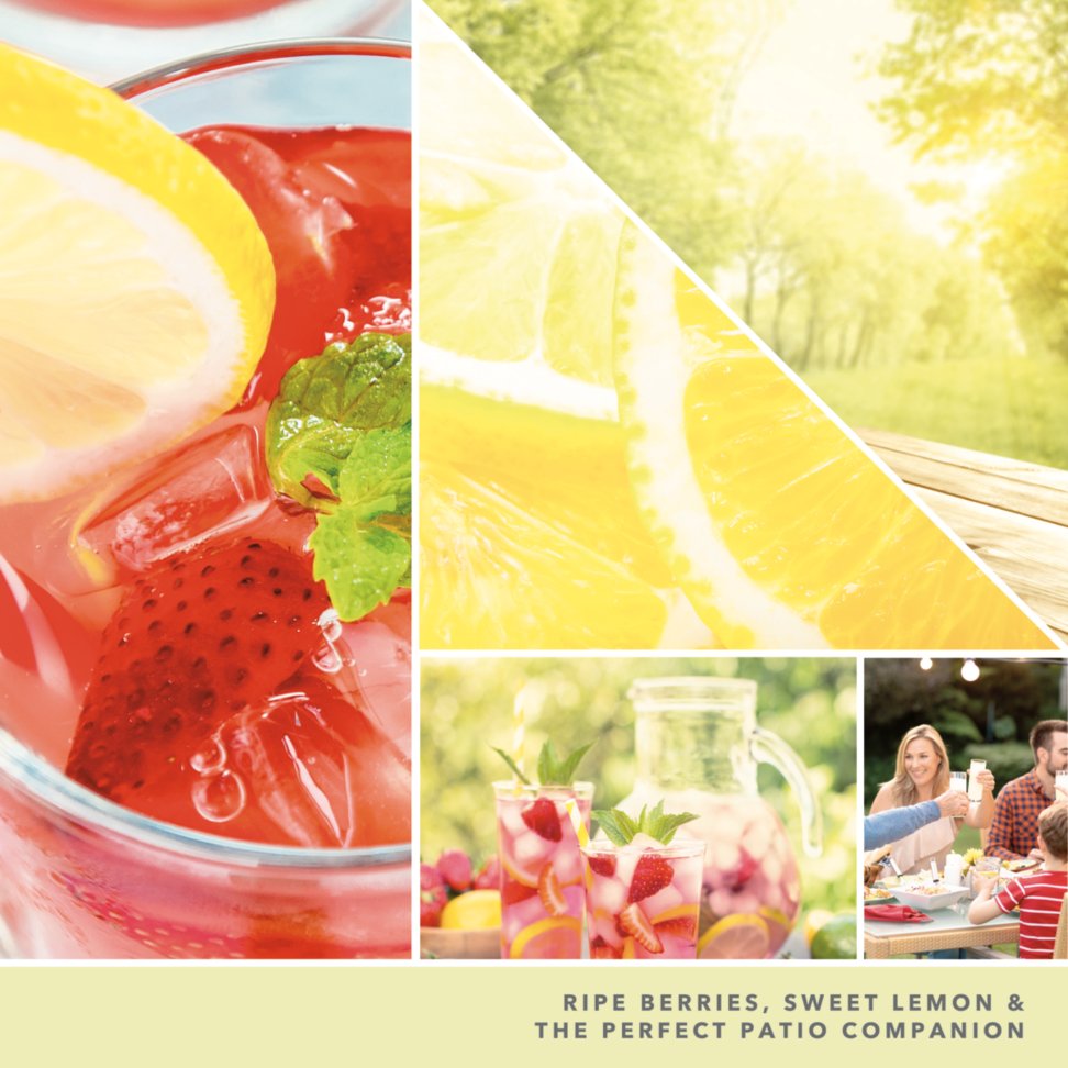 ripe berries, sweet lemon and the perfect patio companion text on photo collage with picnic setting