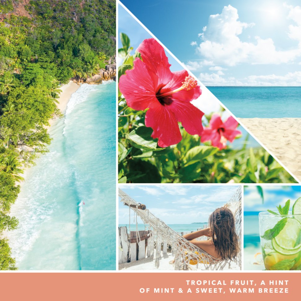 tropical fruit, a hint of mint and a sweet warm breeze text on photo collage with beaches and hammock