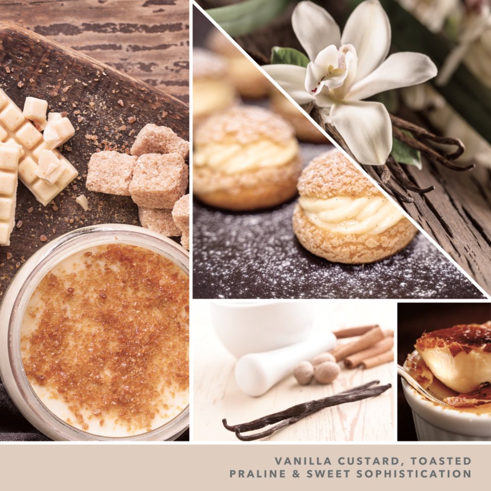 vanilla custard, toasted praline and sweet sophistication text on photo collage with desserts