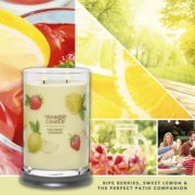 iced berry lemonade signature large tumbler candle with photo collage and text reading ripe berries, sweet lemon and the perfect patio companion image number 3
