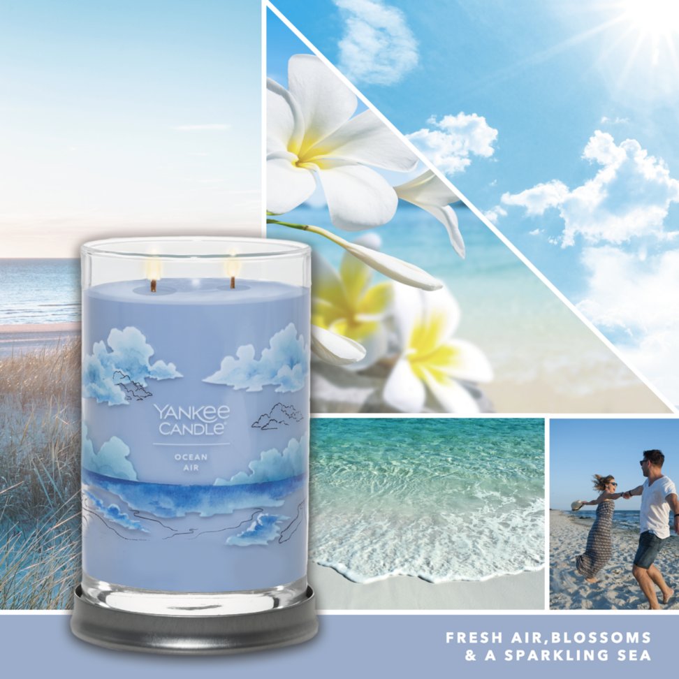 ocean air signature large tumbler candle with photo collage and text reading fresh air, blossoms and a sparkling sea