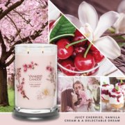 pink cherry and vanilla signature large tumbler candle with photo collage and text reading juicy cherries, vanilla cream and a delectable dream image number 3