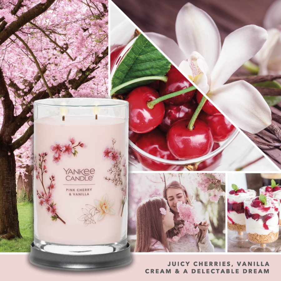 pink cherry and vanilla signature large tumbler candle with photo collage and text reading juicy cherries, vanilla cream and a delectable dream