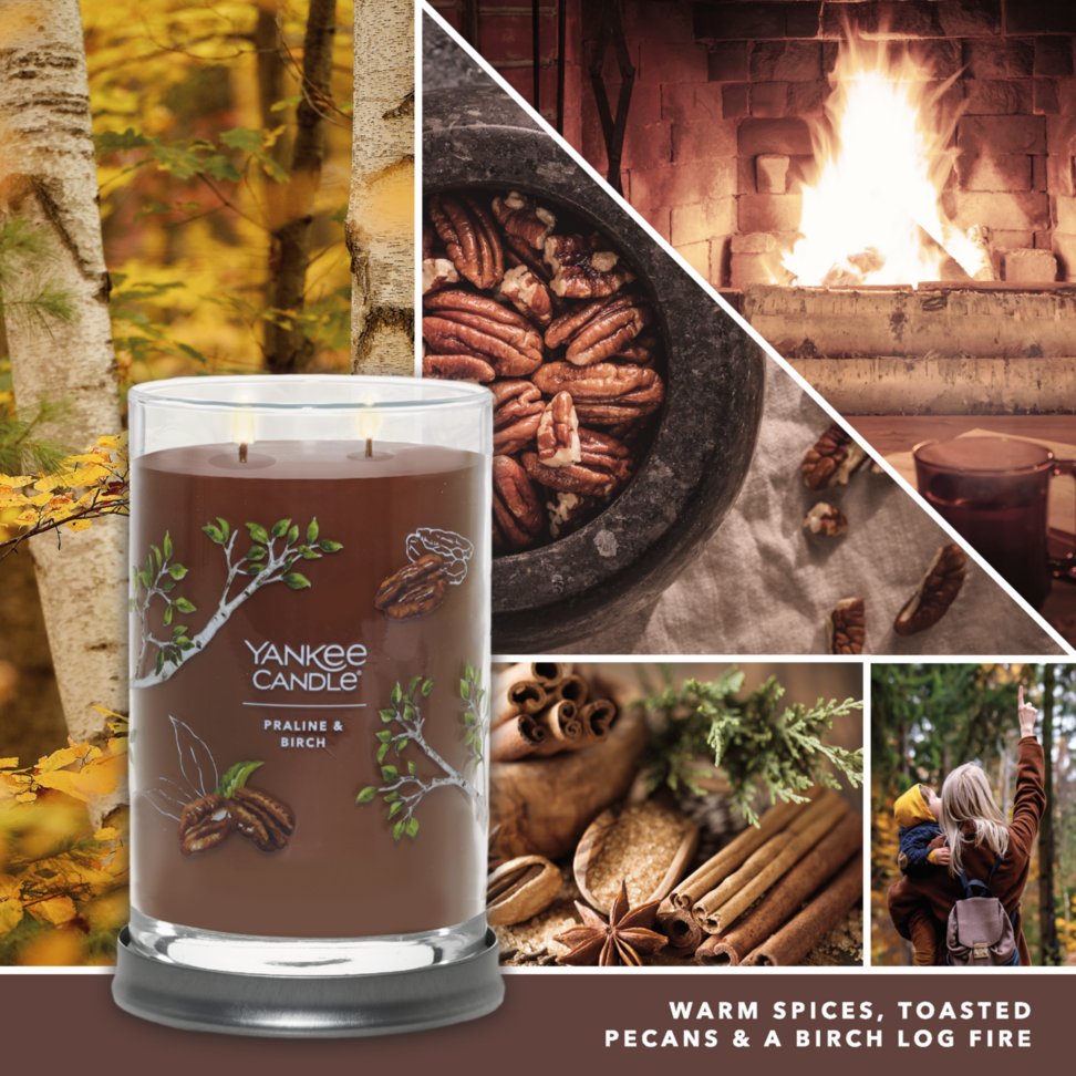 praline and birch signature large tumbler candle with photo collage and text reading warm spices, toasted pecans and a birch log fire