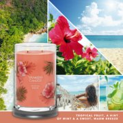 tropical breeze signature large tumbler candle with photo collage and text reading tropical fruit, a hint of mint and a sweet, warm breeze image number 3