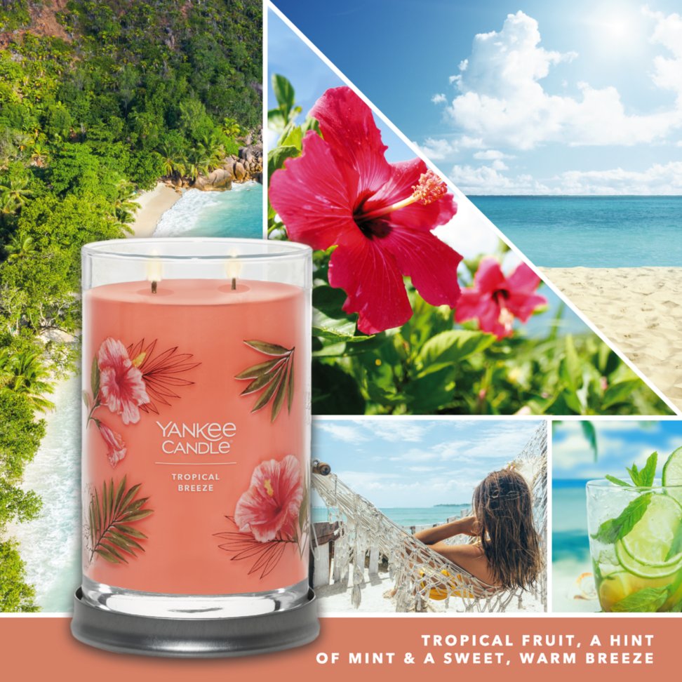 tropical breeze signature large tumbler candle with photo collage and text reading tropical fruit, a hint of mint and a sweet, warm breeze