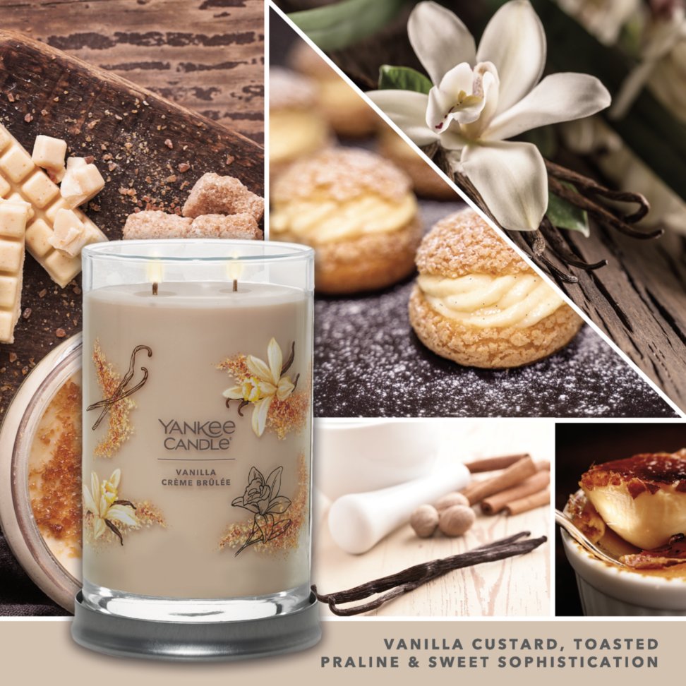 vanilla creme brulee signature large tumbler candle with photo collage and text reading vanilla custard, toasted praline and sweet sophistication