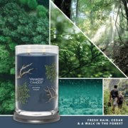 bayside cedar signature large tumbler candle with photo collage and text reading fresh rain, cedar and a walk in the forest image number 3