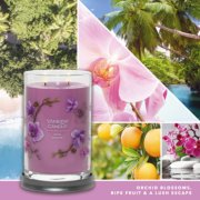 wild orchid signature large tumbler candle with photo collage and text reading orchid blossoms, ripe fruit and a lush escape image number 2
