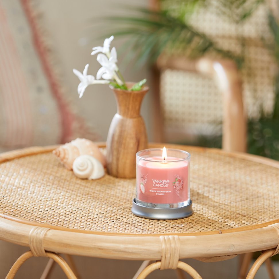 white strawberry bellini signature small tumbler candle on table