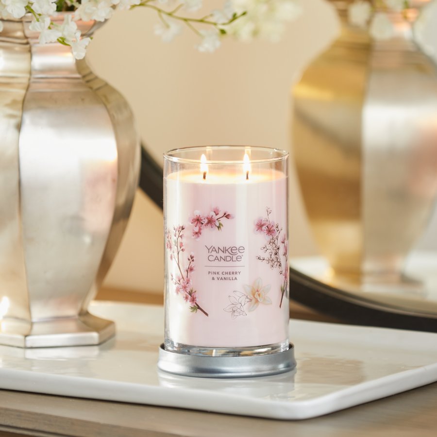 pink cherry and vanilla signature large tumbler candle on table