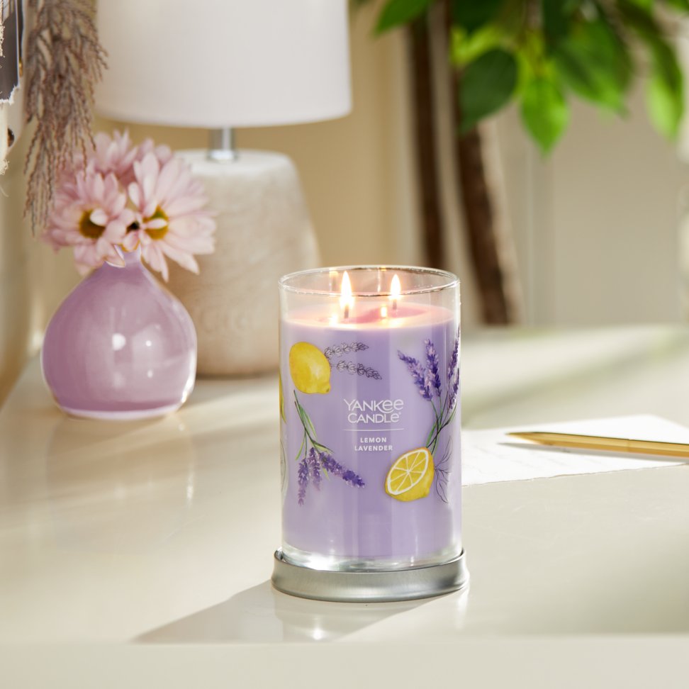 lemon lavender signature large tumbler candle on table in living room