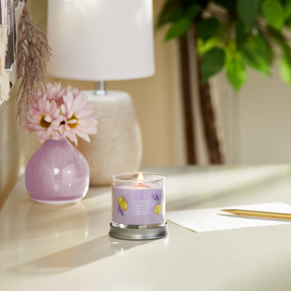 lemon lavender signature small tumbler candle on table in living room