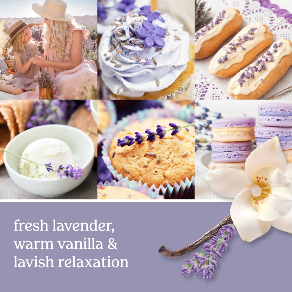 fresh lavender, warm vanilla and lavish relaxation text on photo collage with lavender and vanilla desserts