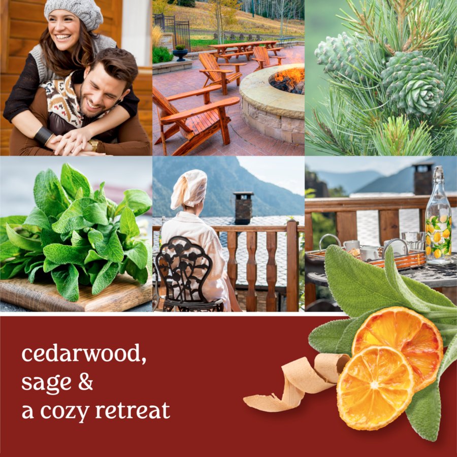 photo collage with resort and text that reads cedarwood, sage and a cozy retreat