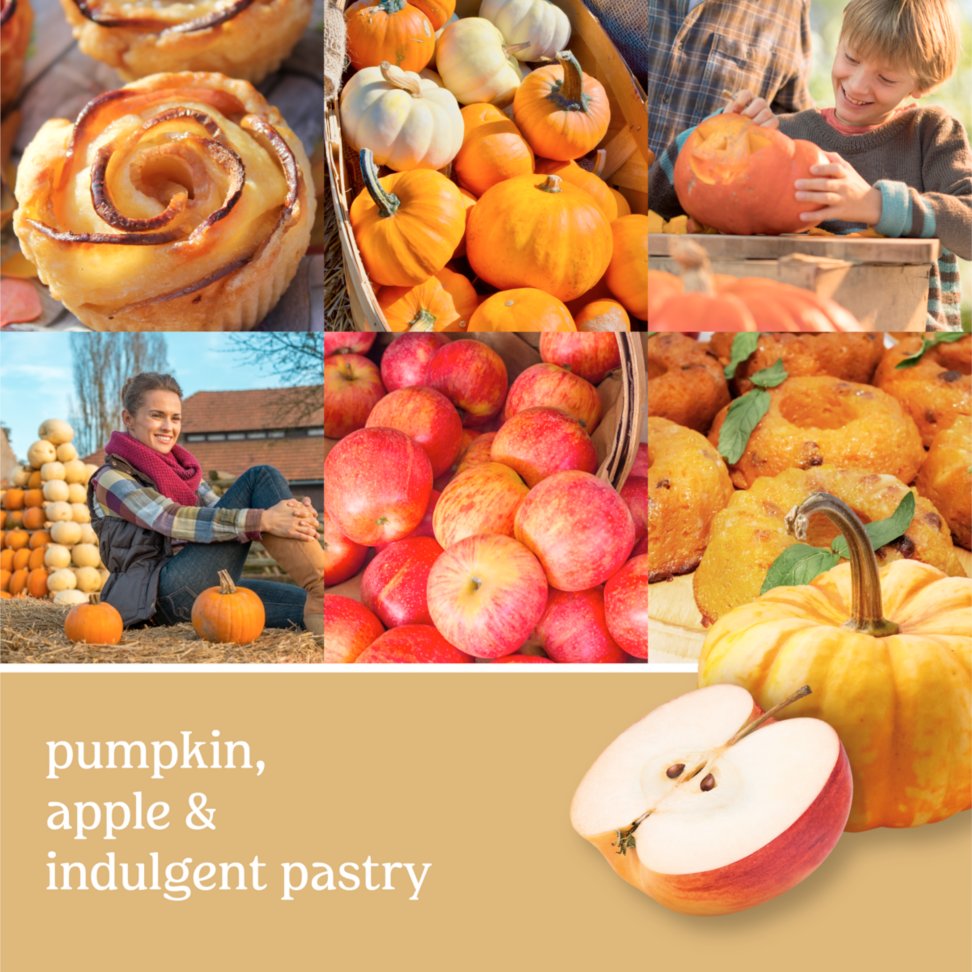 pumpkin, apple and indulgent pastry text on photo collage with apples, pumpkins, and desserts