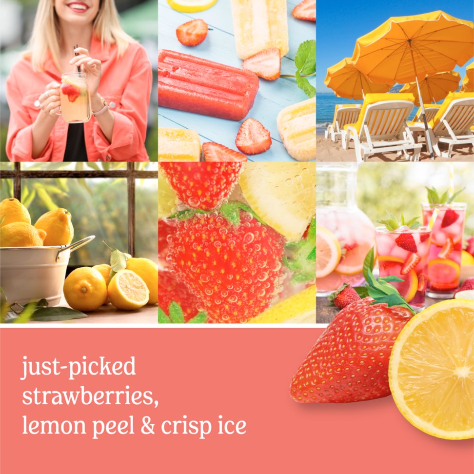 photo collage with various fruit and text that says just-picked strawberries, lemon peel and crisp ice
