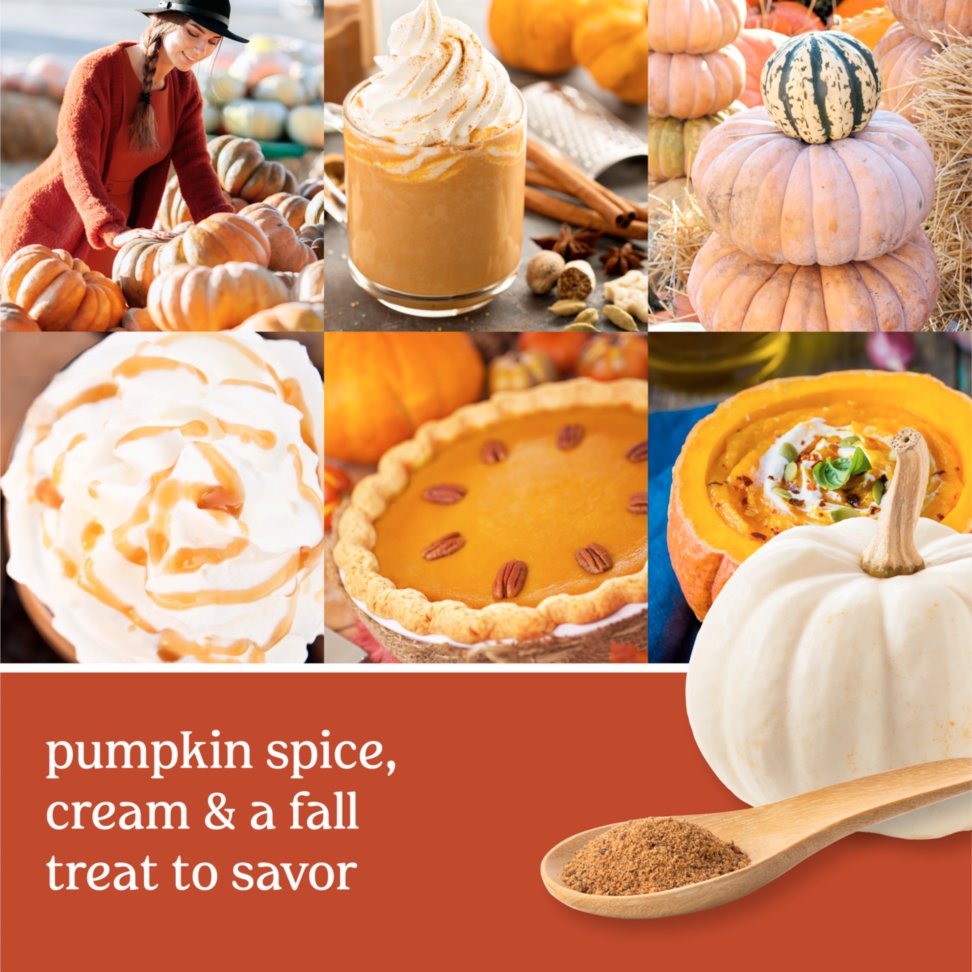 pumpkin spice, cream and a fall treat to savor text on photo collage with pumpkins, pie and latte