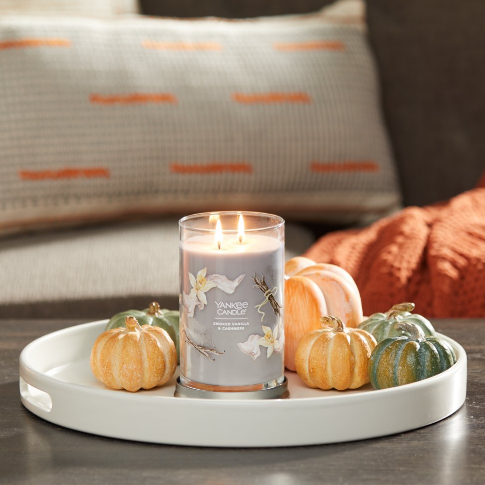 smoked vanilla and cashmere signature large tumbler candle on tray in living room