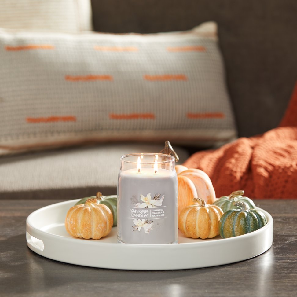 smoked vanilla and cashmere signature large jar candle on tray in living room
