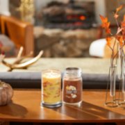 sunlit autumn signature large tumbler candle and pumpkin banana scone signature large jar candle on table image number 5