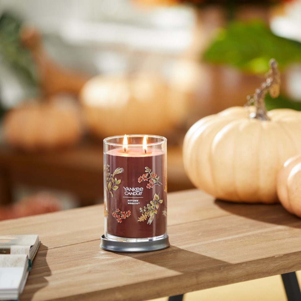 autumn wreath signature large tumbler candle on table