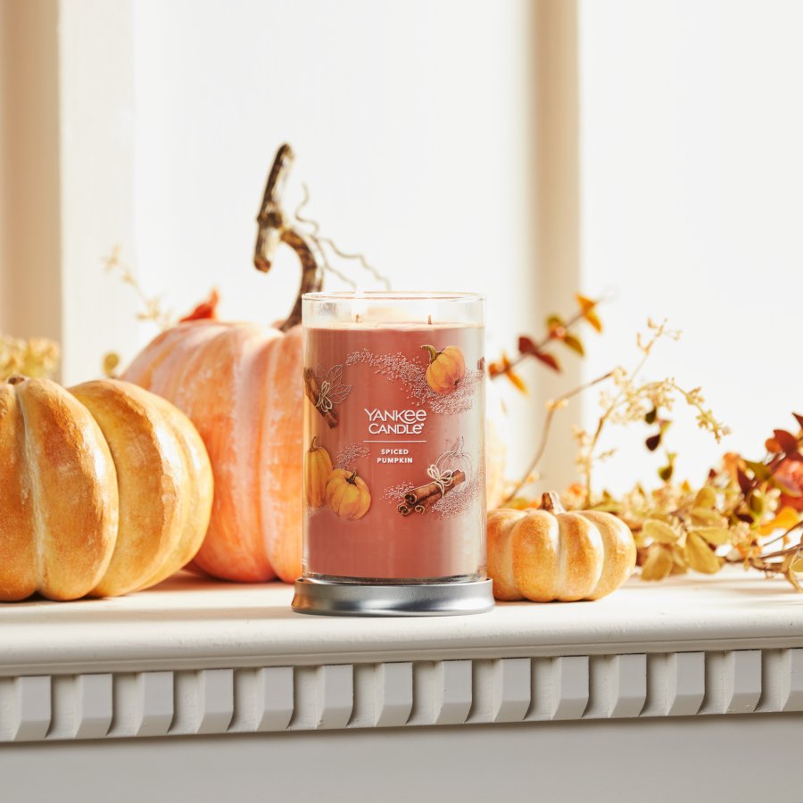 spiced pumpkin signature large tumbler candle on mantle