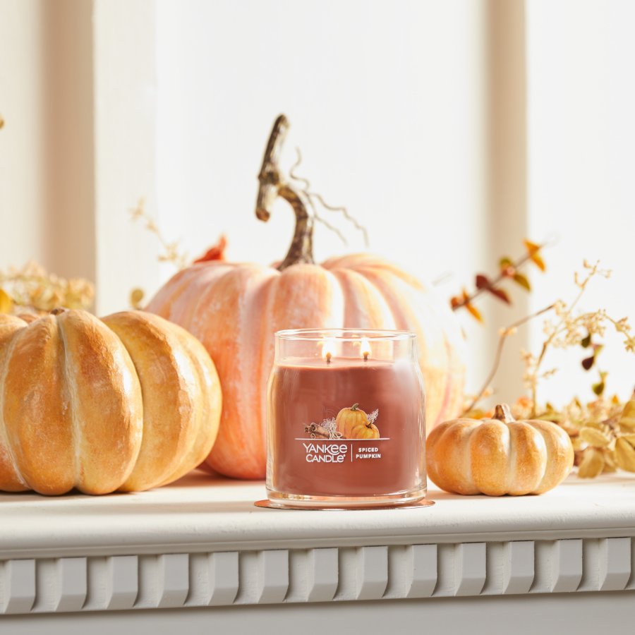 spiced pumpkin signature medium jar candle on mantle