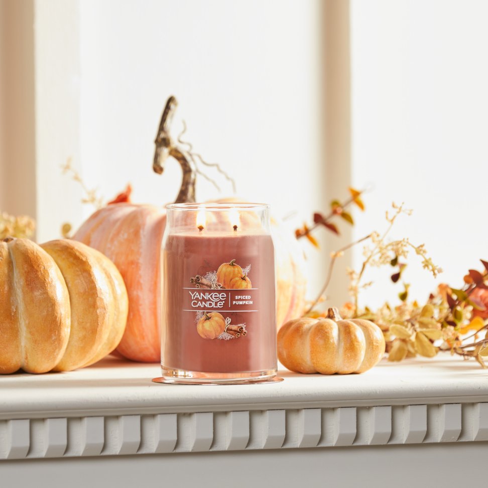 spiced pumpkin signature large jar candle on mantle