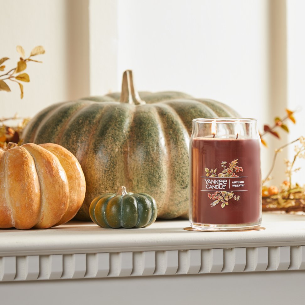 autumn wreath signature large jar candle on mantle