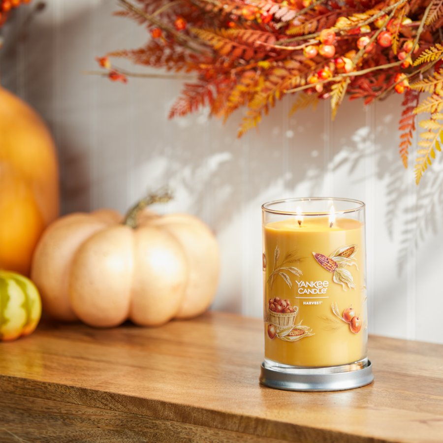 harvest signature large tumbler candle on table