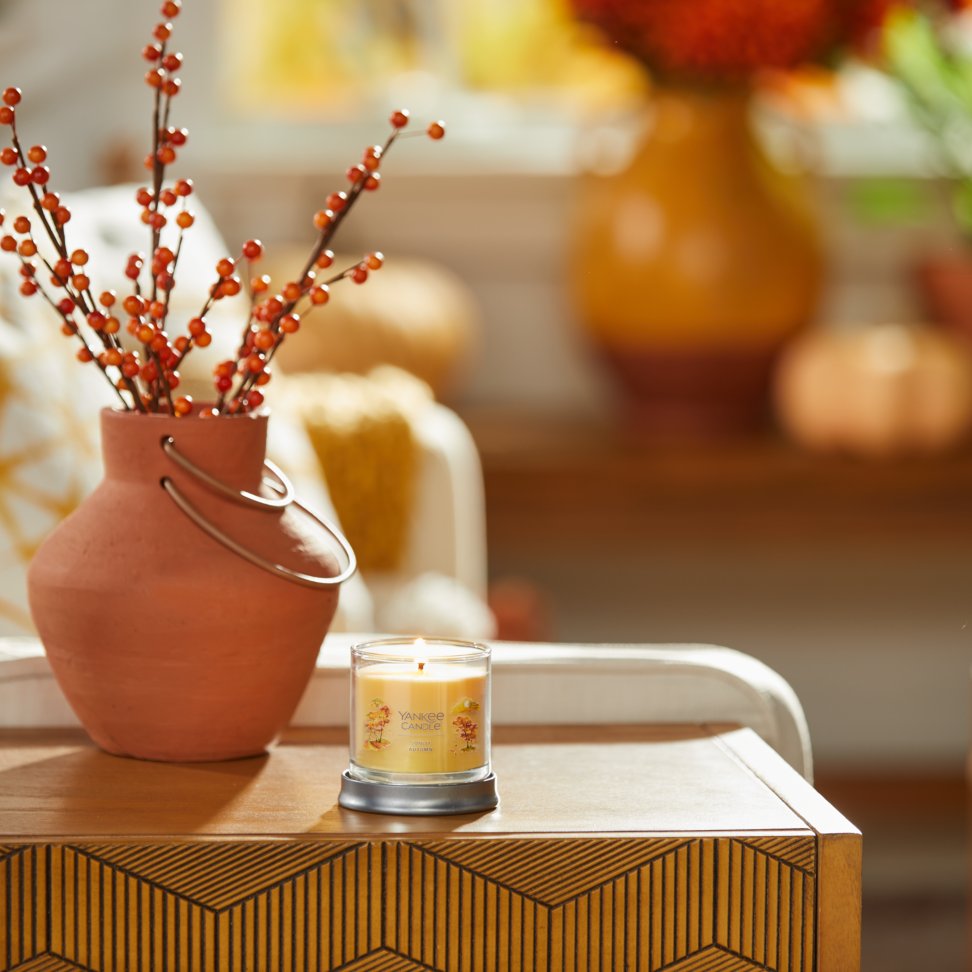 sunlit autumn signature small tumbler candle on table