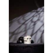 skull shaped candle jar holder with black pumpkins image number 3