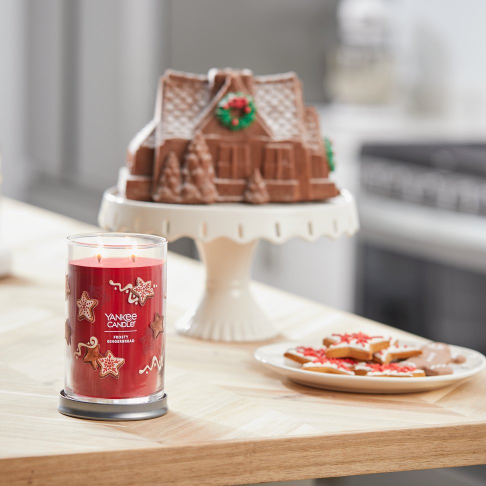 frosty gingerbread signature large tumbler candle on table