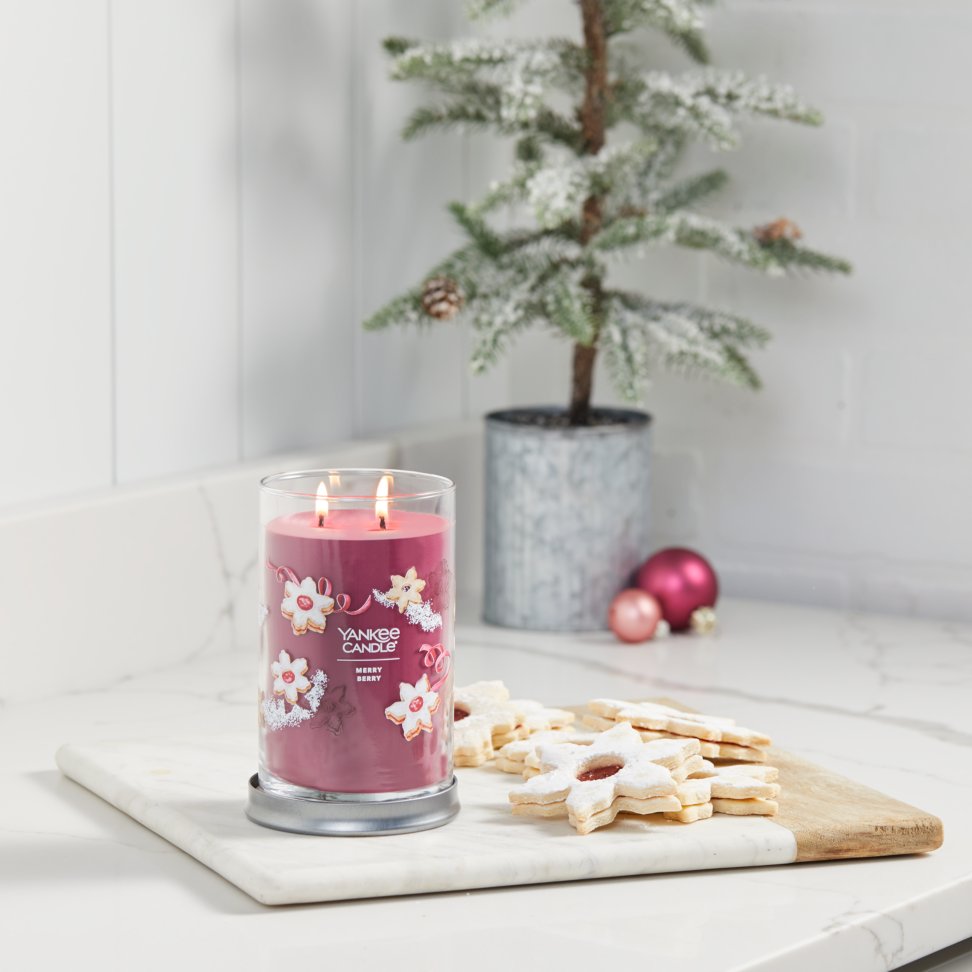 merry berry signature large tumbler candle on counter