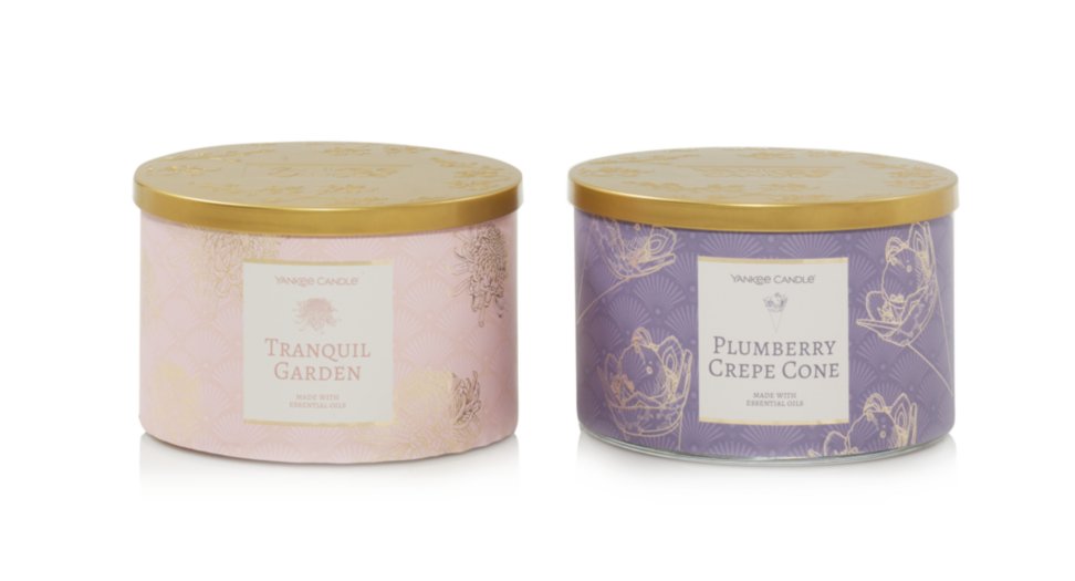 tranquil garden and plumberry crepe cone 3-wick candles