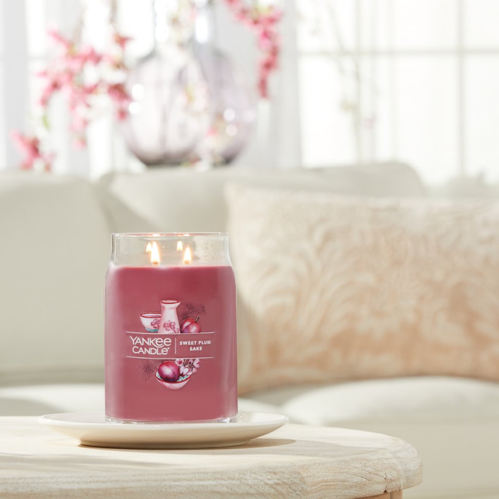 sweet plum sake signature large jar candle on table in living room