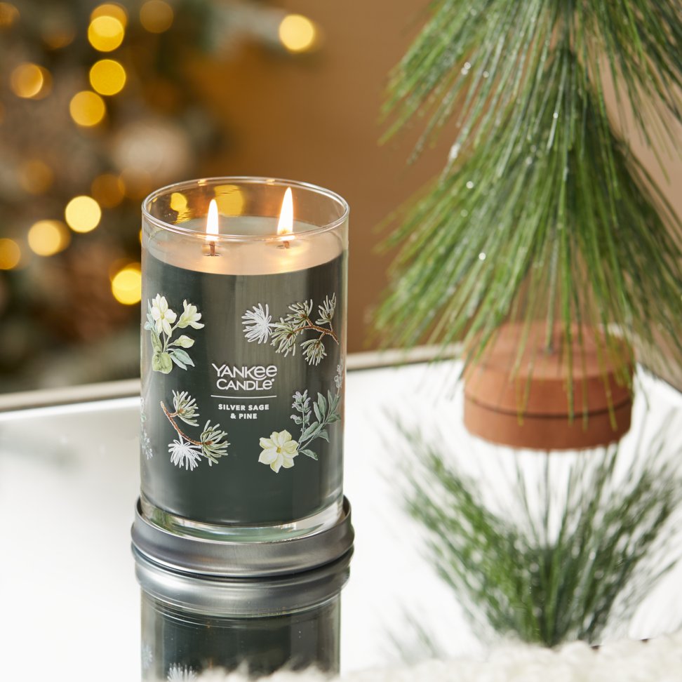 silver sage and pine signature large tumbler candle on table